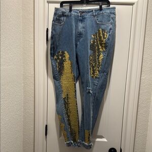 Gold Sequin Embellished Blue Jeans